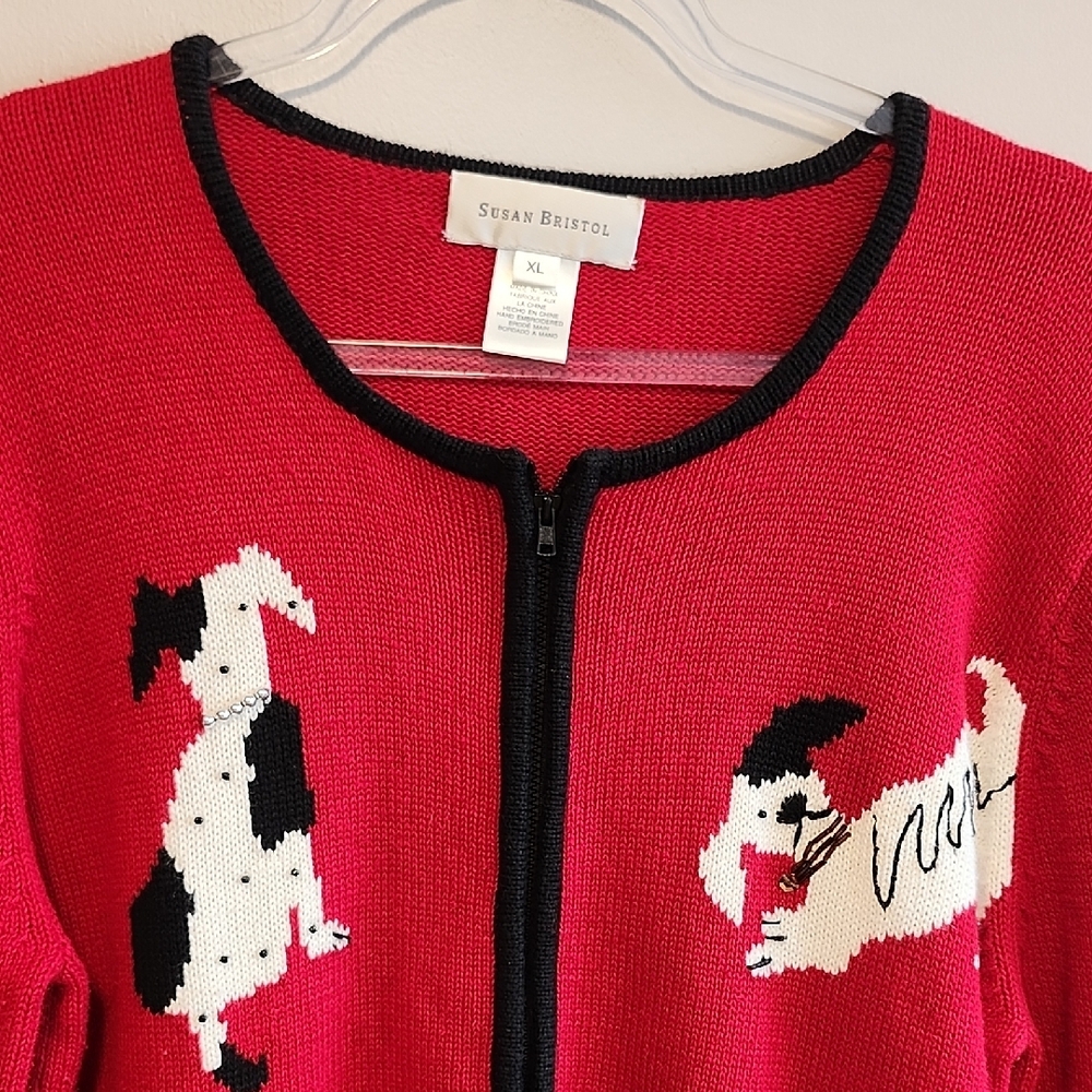 Susan Bristol Red Full Zip Festive Cardigan Dog Motif Animal Print Cottagecore - Picture 4 of 11